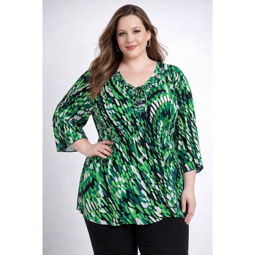 Catherines 3X Green Black Abstract Tunic Blouse Boho Resort Plus Size Chic